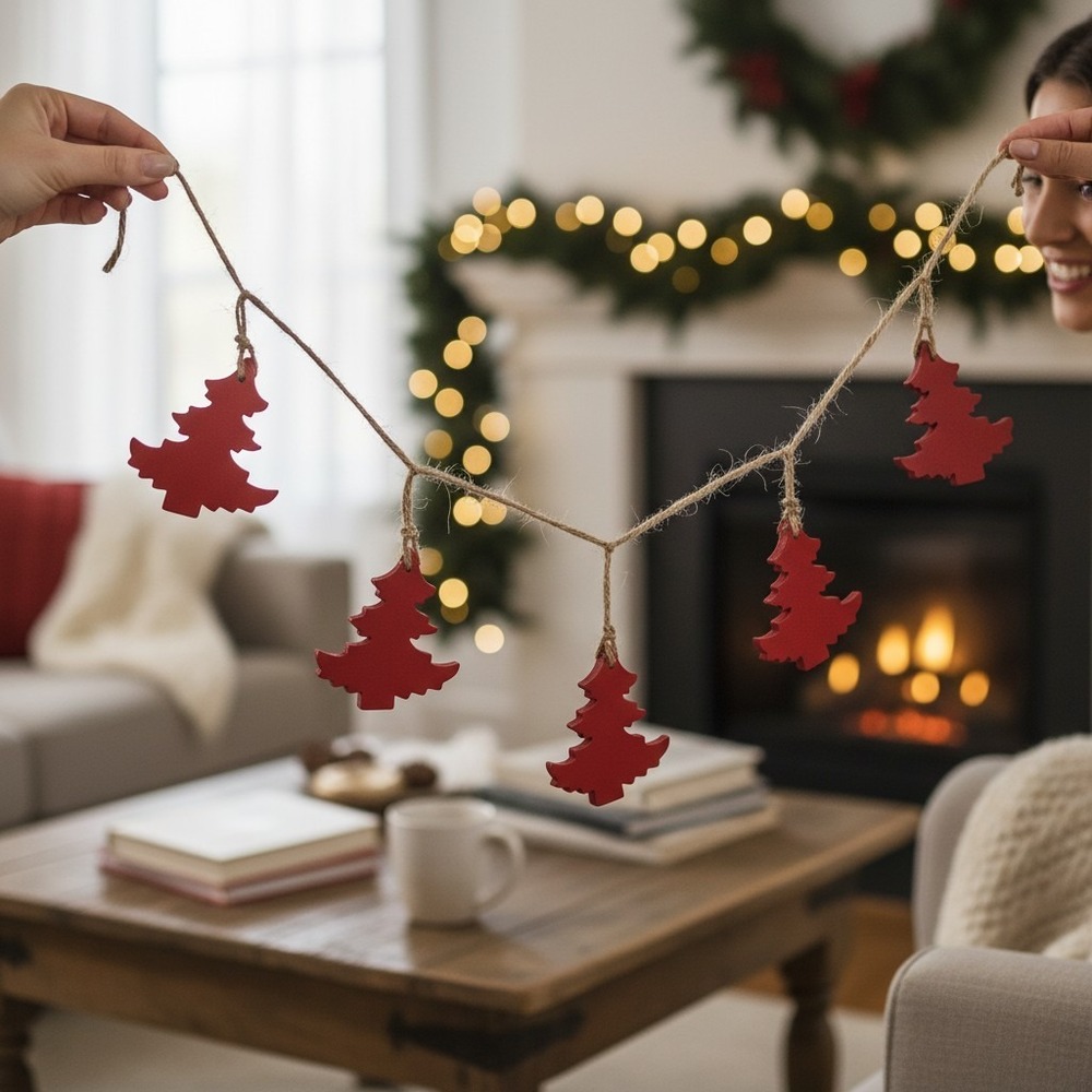 Sur la Table Hanging Tree Garland Red OS New Rustic Wood Jute 27.5in